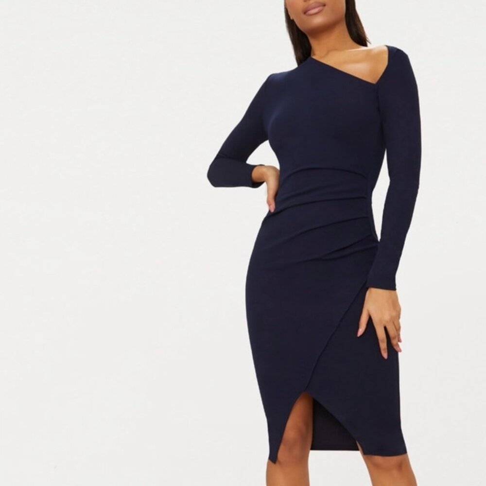 PrettyLittleThing Navy Asymmetric Long Sleeve‎ Wrap Midi Dress Wedding Guest 8